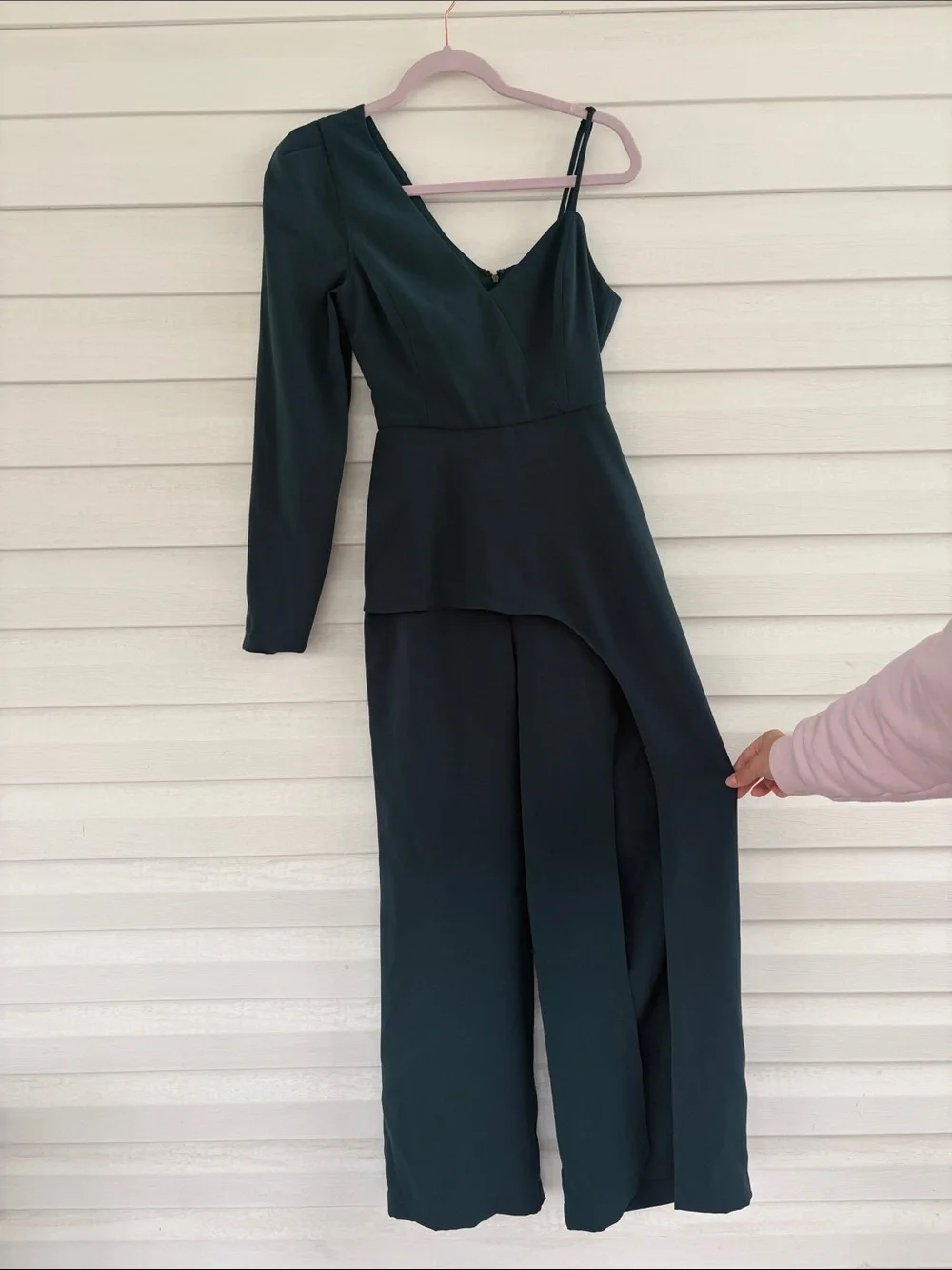 BCBGMAXAZRIA Dark Green One Shoulder Jumpsuit Wide Leg Formal Evening Romper